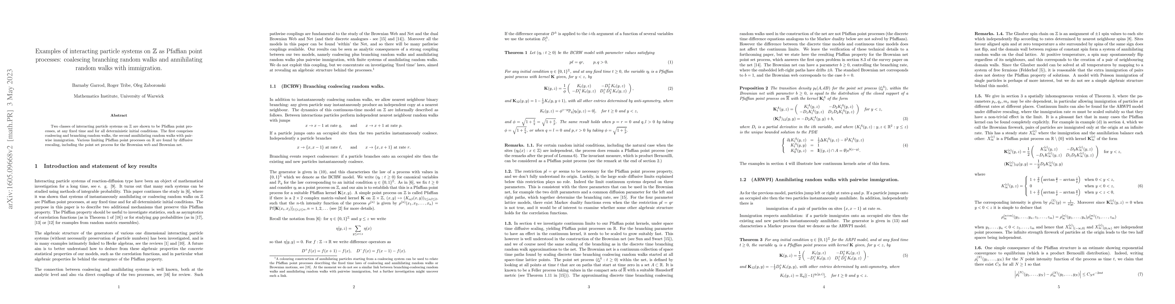 Thumbnail for Examples of interacting particle systems on $\mathbb{Z}$ as Pfaffian
  point processes: coalescing branching random walks and annihilating random
  walks with immigration