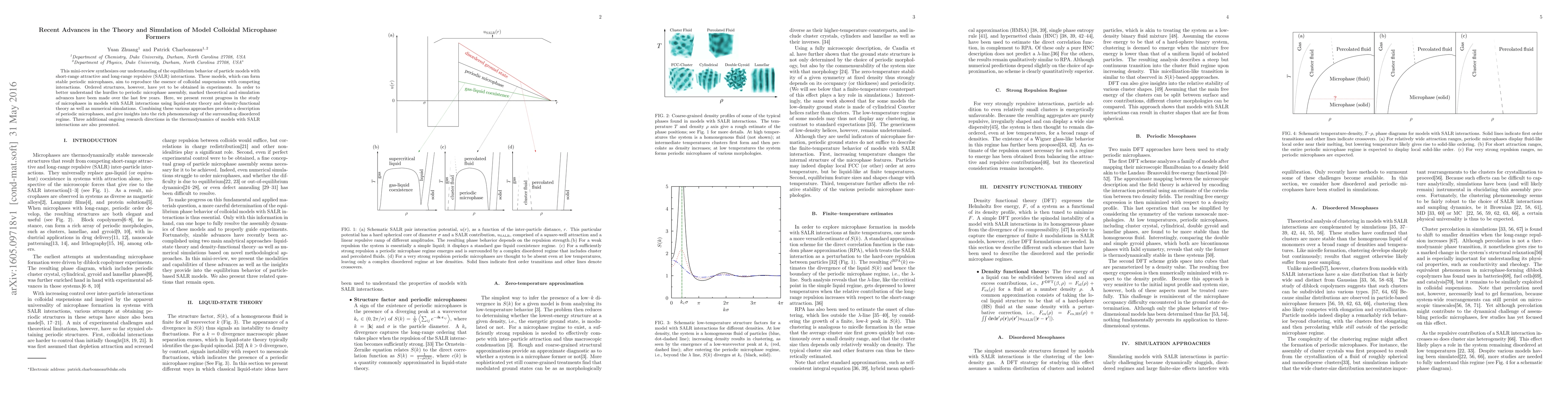 Thumbnail for Recent Advances in the Theory and Simulation of Model Colloidal
  Microphase Formers