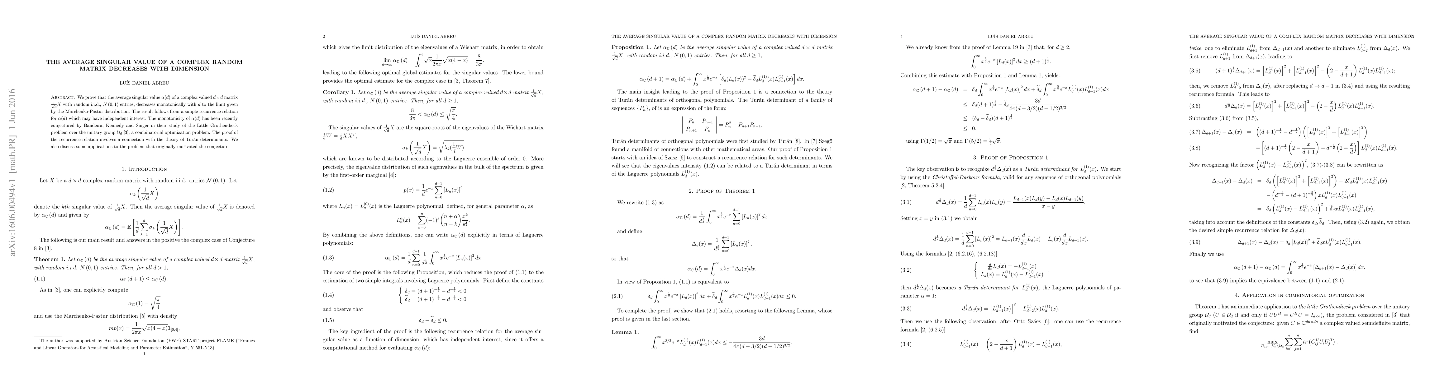 Thumbnail for The average singular value of a complex random matrix decreases with
  dimension