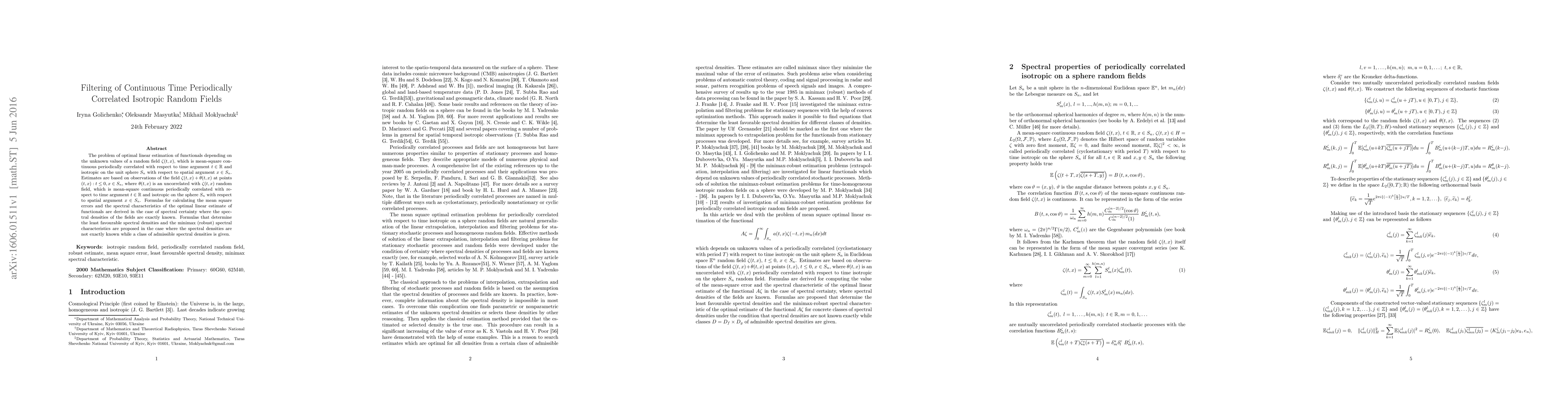 Thumbnail for Filtering of Continuous Time Periodically Correlated Isotropic Random
  Fields
