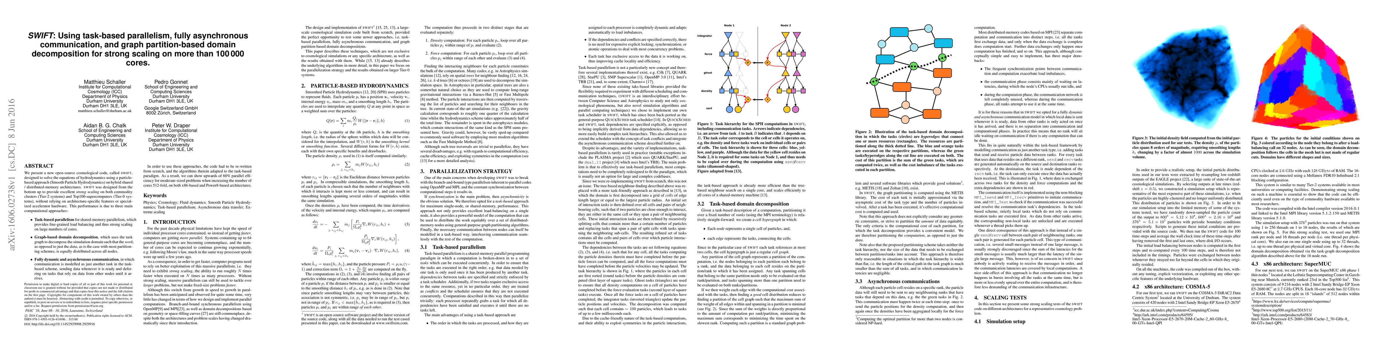 Thumbnail for SWIFT: Using task-based parallelism, fully asynchronous communication,
  and graph partition-based domain decomposition for strong scaling on more
  than 100,000 cores