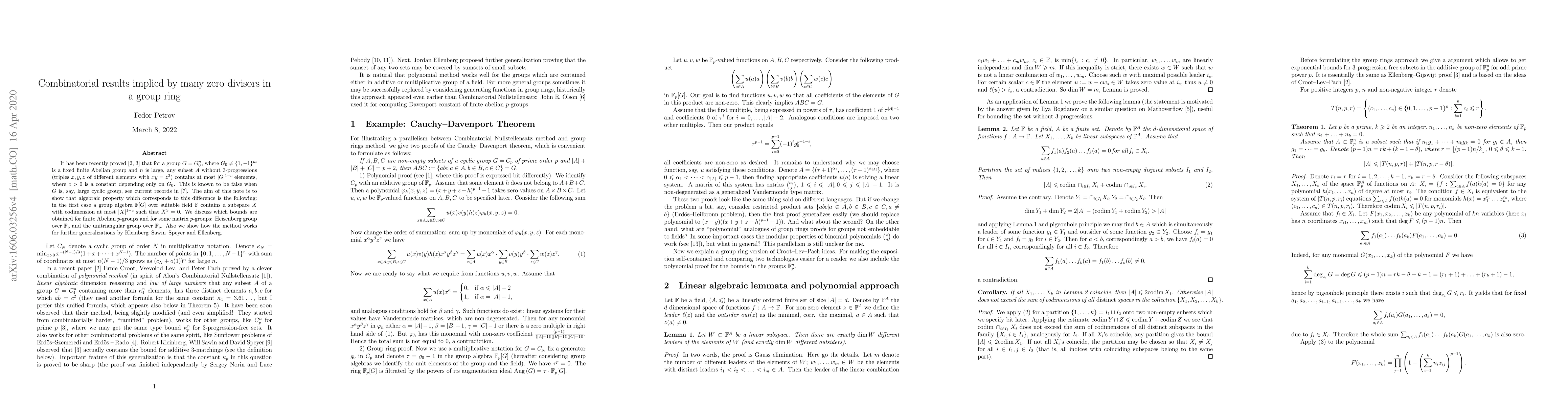 Thumbnail for Combinatorial results implied by many zero divisors in a group ring