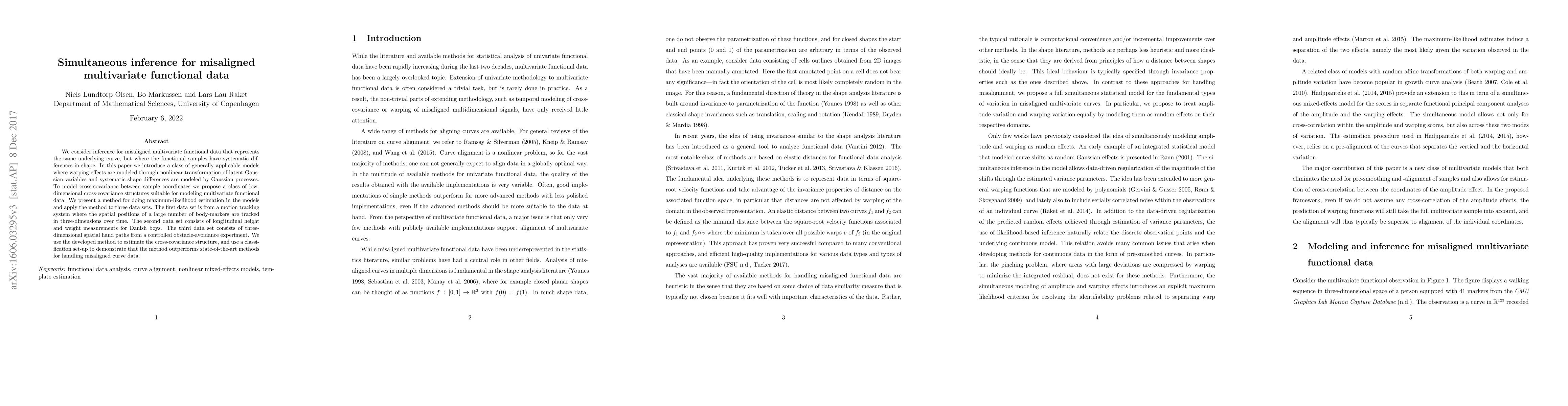 Thumbnail for Simultaneous inference for misaligned multivariate functional data