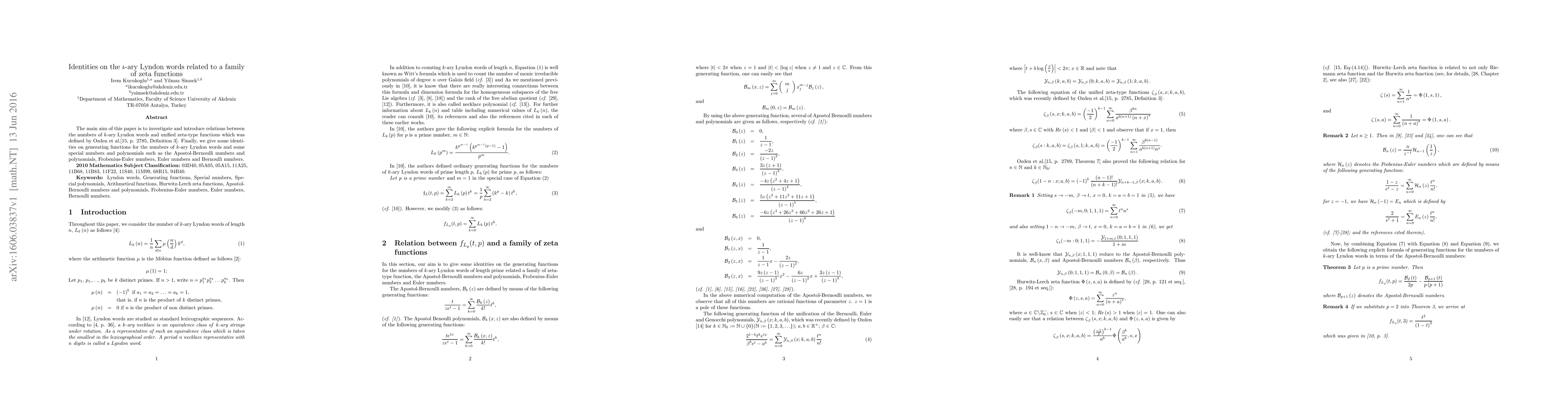 Thumbnail for Identities on the k-ary Lyndon words related to a family of zeta
  functions