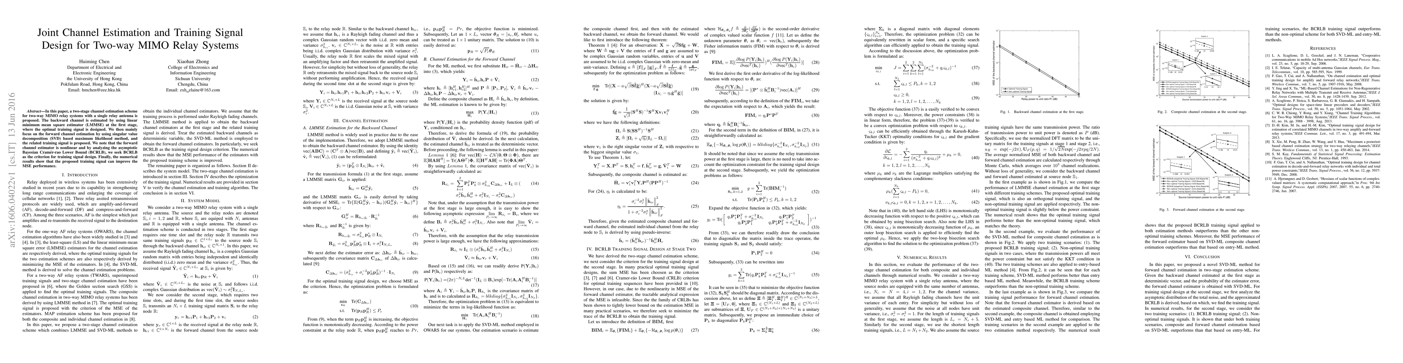 Thumbnail for Joint Channel Estimation and Training Signal Design for Two-way MIMO
  Relay Systems