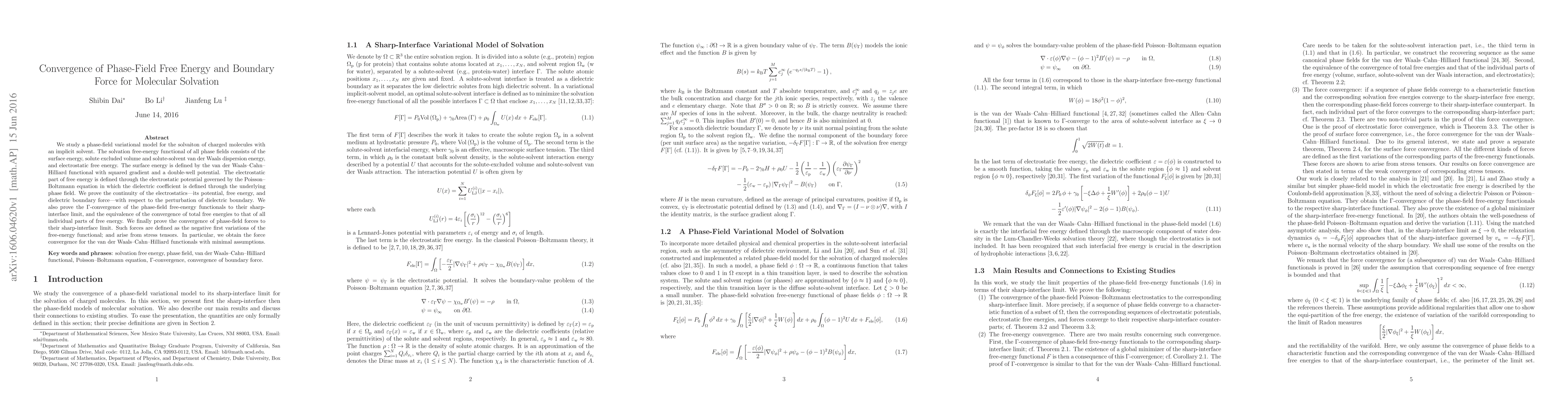 Thumbnail for Convergence of Phase-Field Free Energy and Boundary Force for Molecular
  Solvation