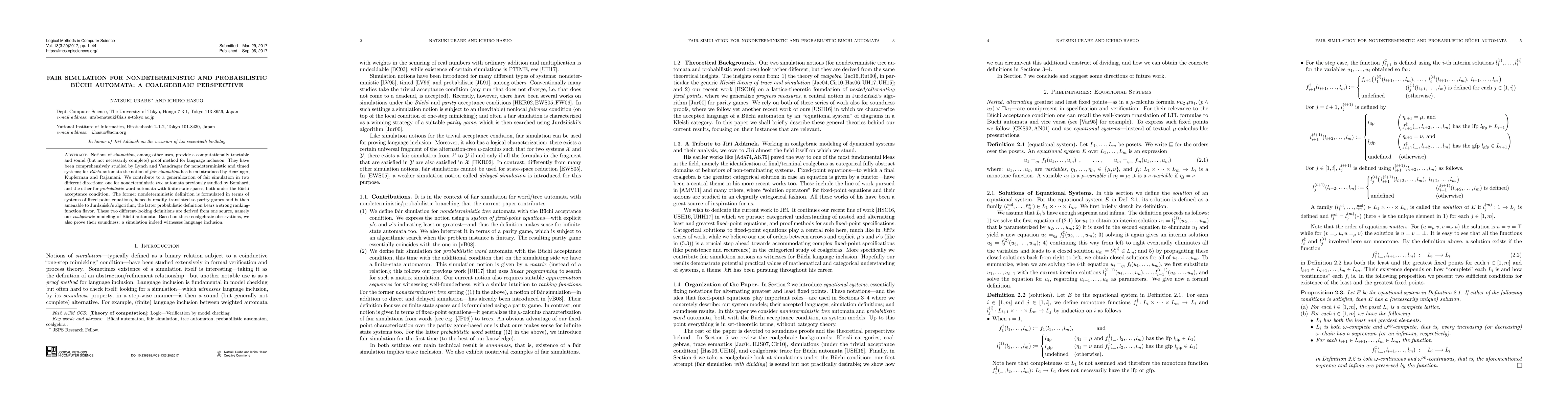 Thumbnail for Fair Simulation for Nondeterministic and Probabilistic Buechi Automata:
  a Coalgebraic Perspective