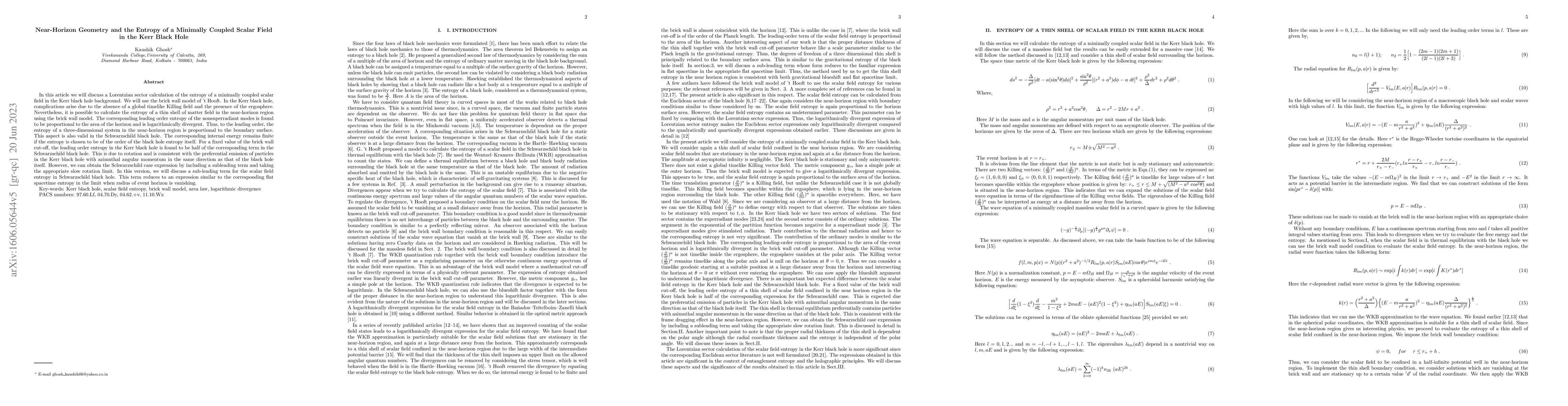 Thumbnail for Near-Horizon Geometry and the Entropy of a Minimally Coupled Scalar
  Field in the Kerr Black Hole