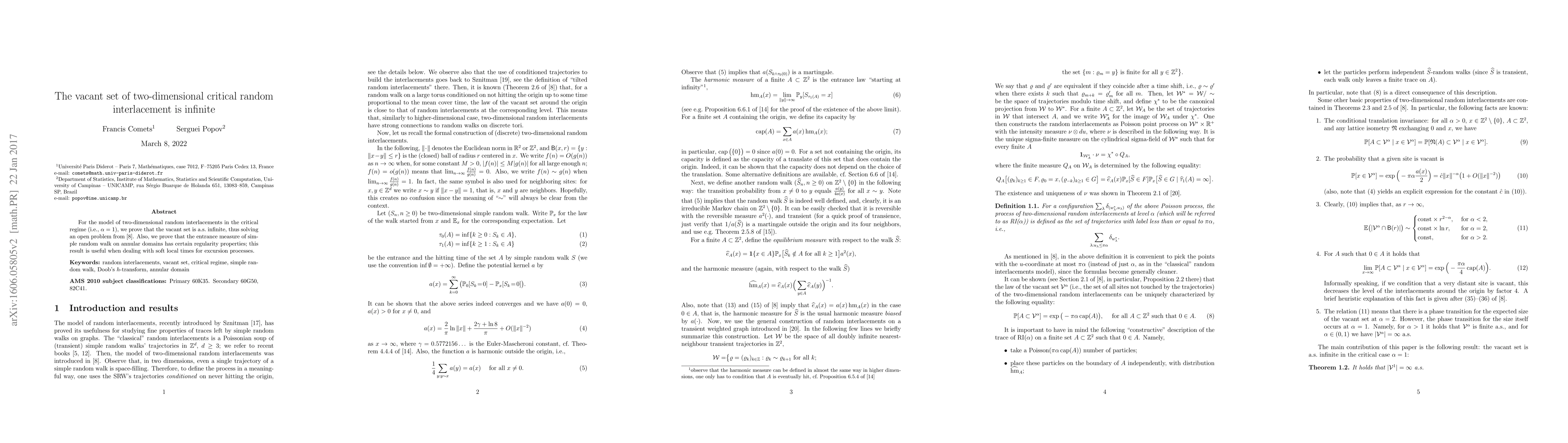 Thumbnail for The vacant set of two-dimensional critical random interlacement is
  infinite