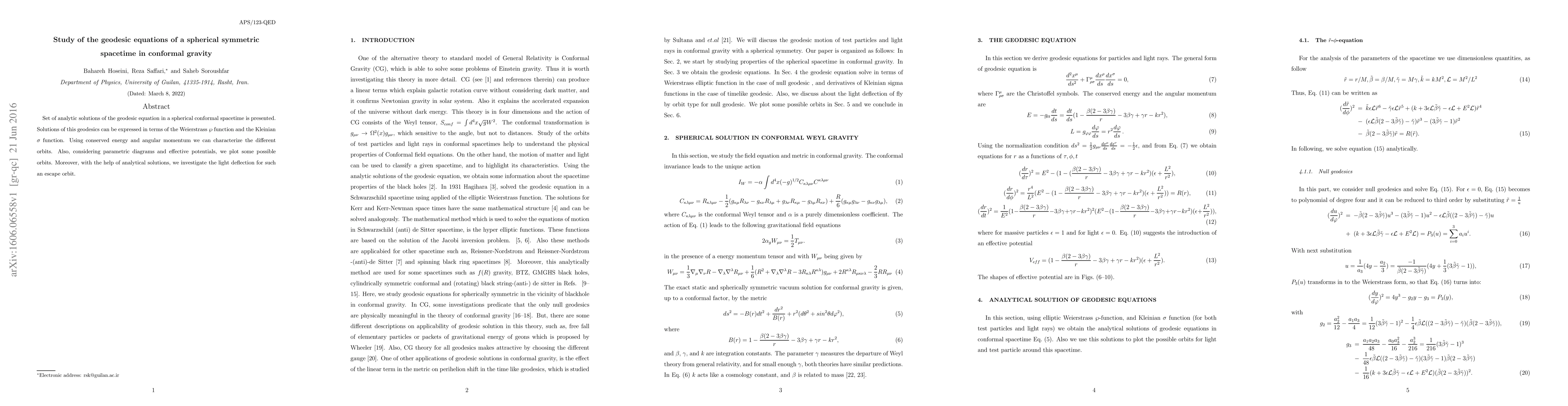 Thumbnail for Study of the geodesic equations of a spherical symmetric spacetime in
  conformal gravity