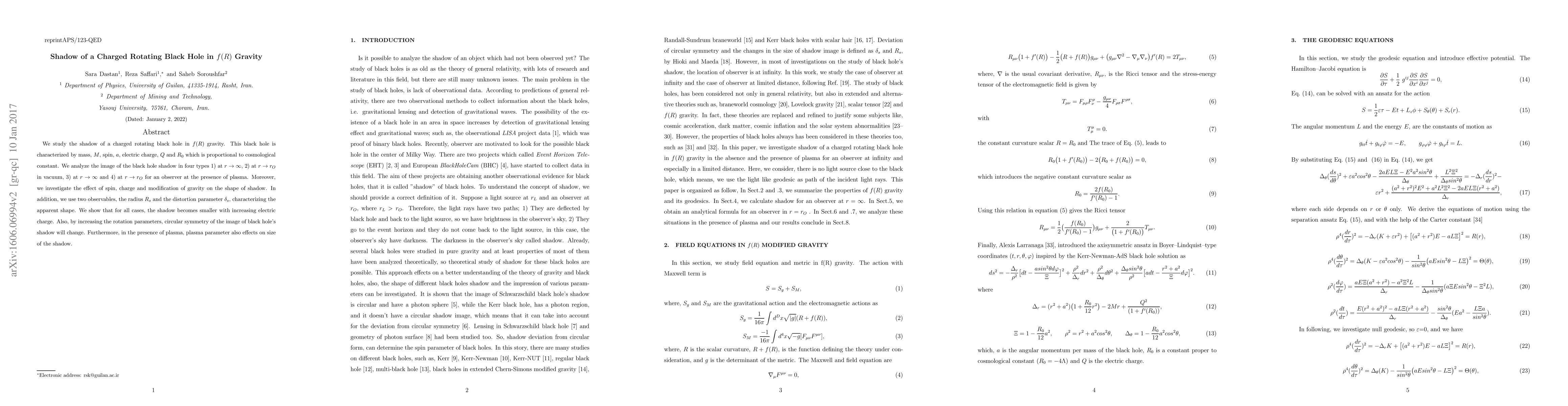 Thumbnail for Shadow of a Charged Rotating Black Hole in $f(R)$ Gravity