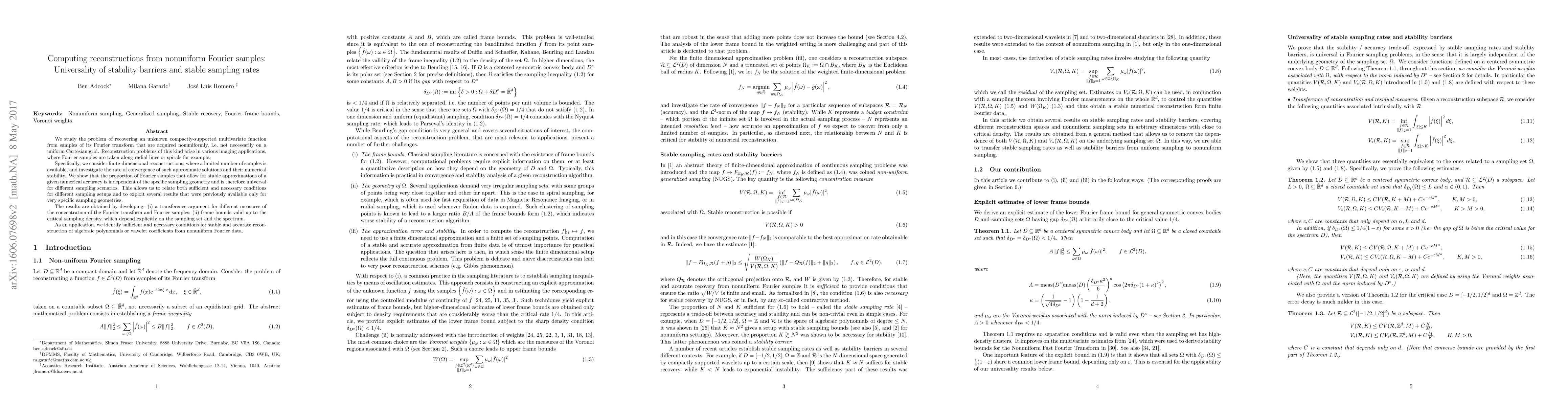 Thumbnail for Computing reconstructions from nonuniform Fourier samples: Universality
  of stability barriers and stable sampling rates