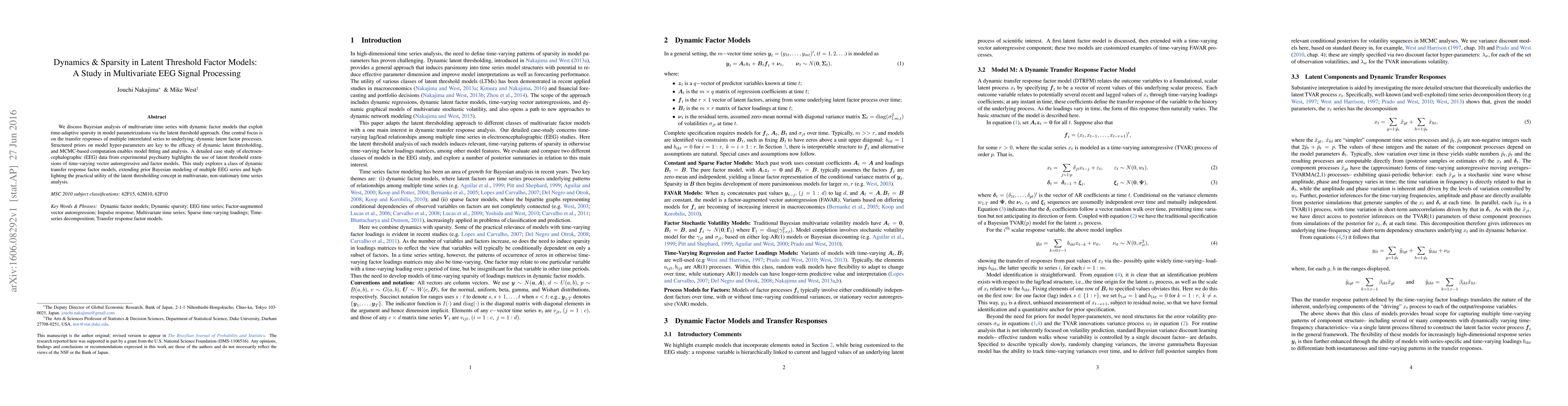 Thumbnail for Dynamics and sparsity in latent threshold factor models: A study in
  multivariate EEG signal processing