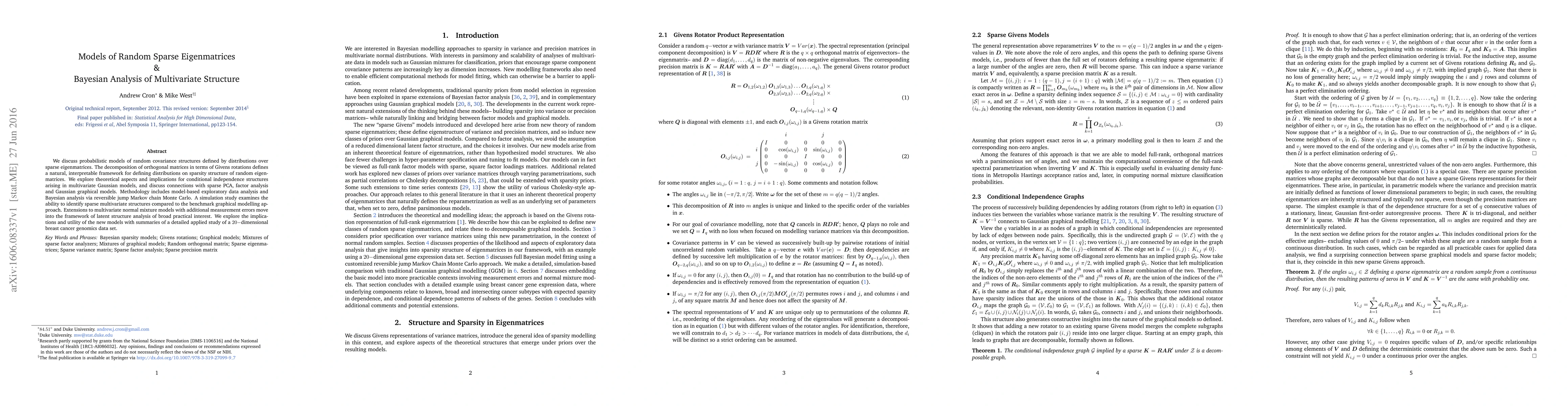Thumbnail for Models of random sparse eigenmatrices matrices and Bayesian analysis of
  multivariate structure