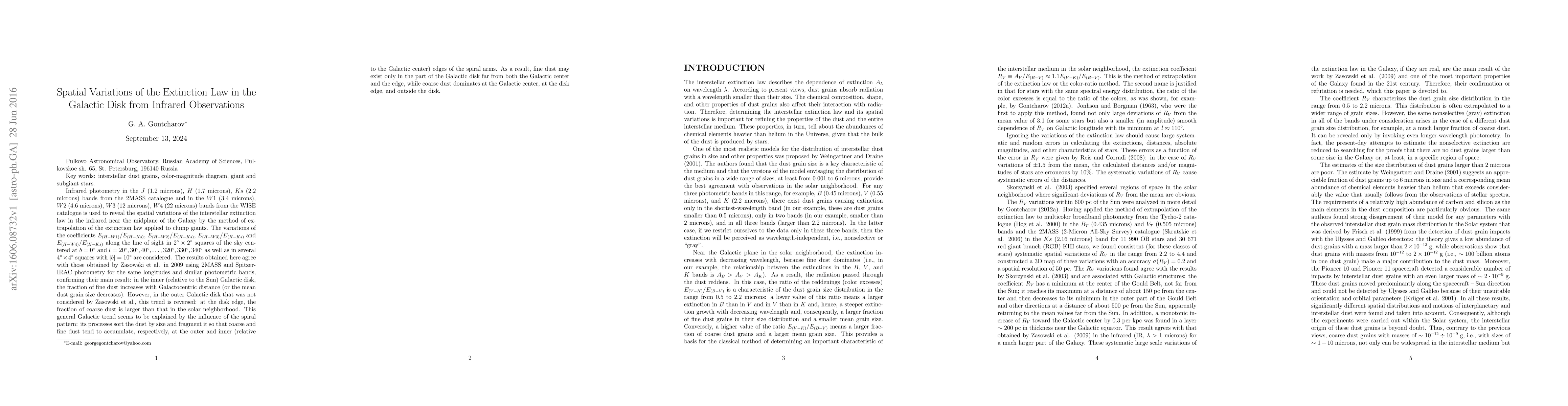 Thumbnail for Spatial Variations of the Extinction Law in the Galactic Disk from
  Infrared Observations
