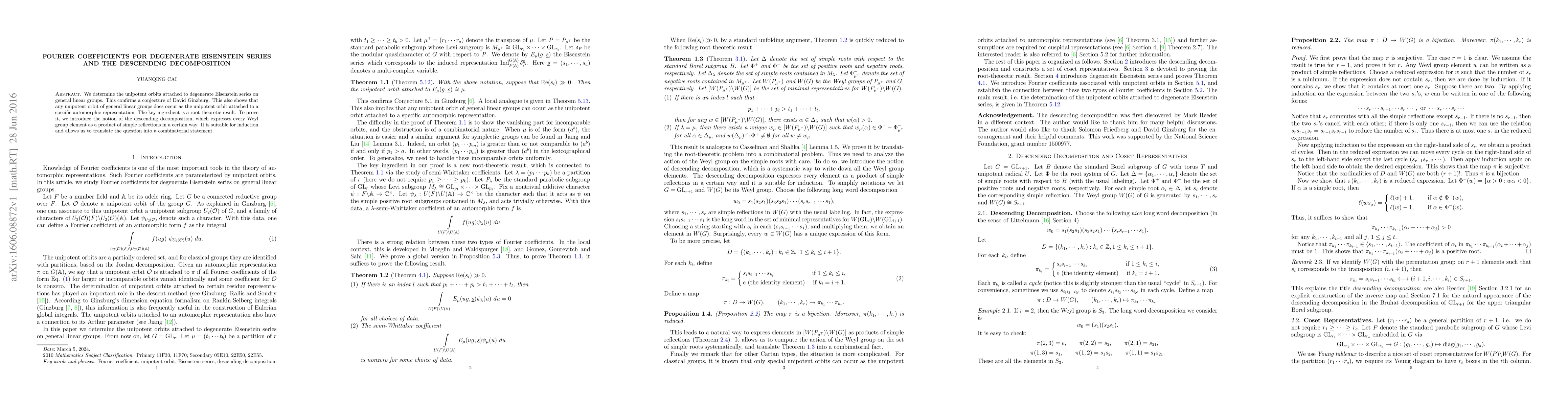 Thumbnail for Fourier Coefficients for Degenerate Eisenstein Series and the Descending
  Decomposition