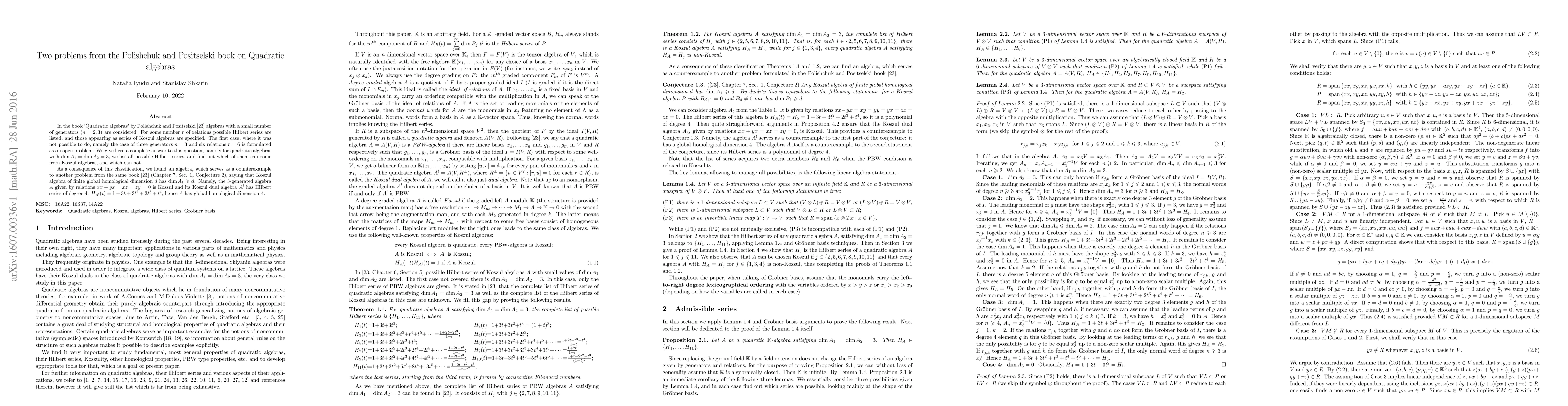 Thumbnail for Two problems from the Polishchuk and Positselski book on Quadratic
  algebras