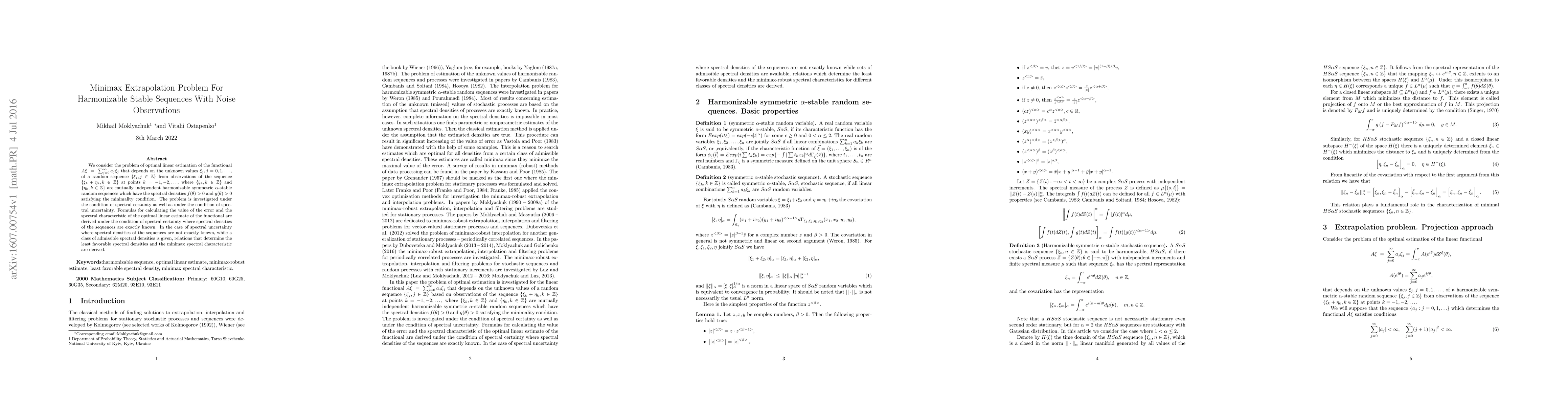 Thumbnail for Minimax Extrapolation Problem For Harmonizable Stable Sequences With
  Noise Observations