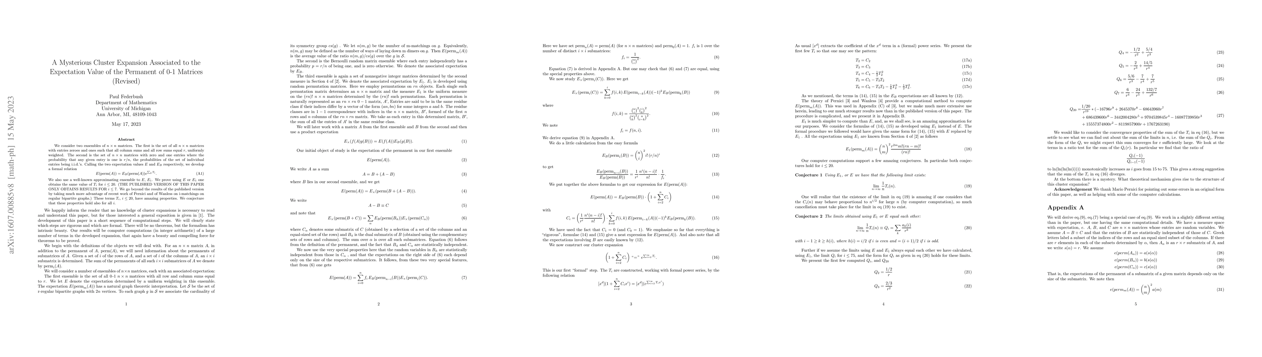 Thumbnail for A Mysterious Cluster Expansion Associated to the Expectation Value of
  the Permanent of 0-1 Matrices