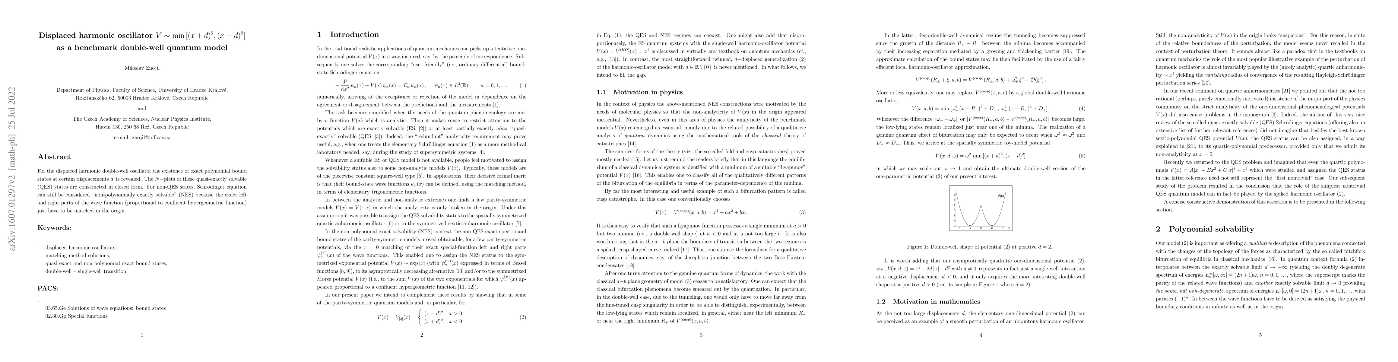 Thumbnail for Displaced harmonic oscillator $V\sim \min \,[(x+d)^2,(x-d)^2]$ as a
  benchmark double-well quantum model
