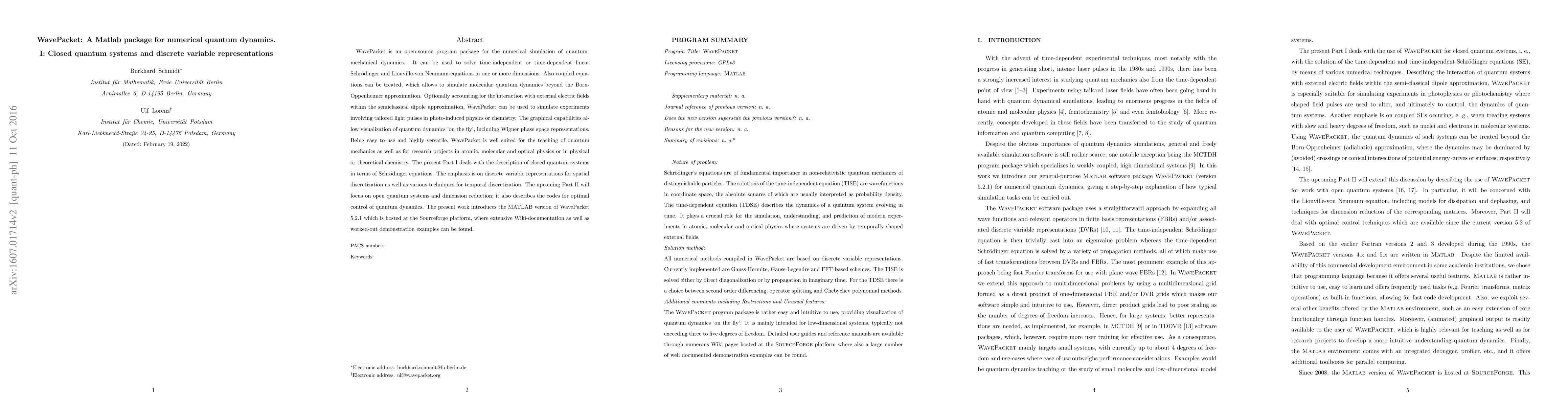 Thumbnail for WavePacket: A Matlab package for numerical quantum dynamics. I: Closed
  quantum systems and discrete variable representations