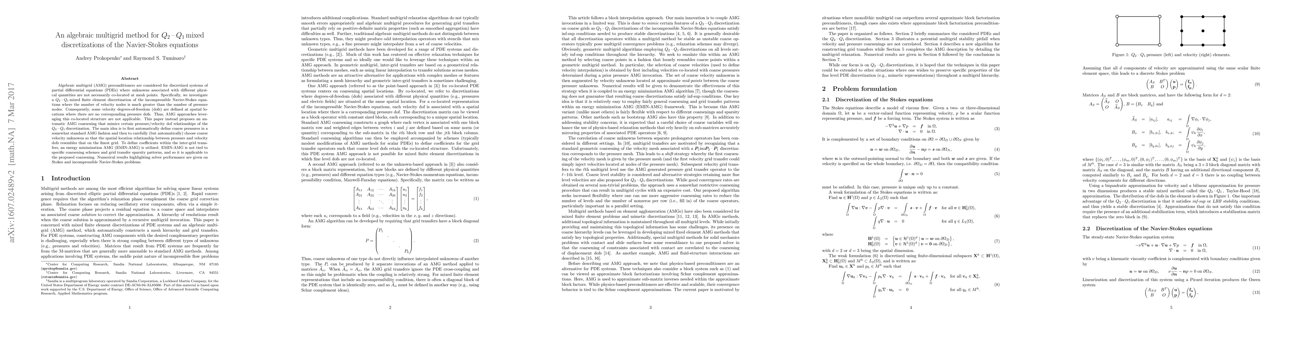 Thumbnail for An algebraic multigrid method for $Q_2-Q_1$ mixed discretizations of the
  Navier-Stokes equations