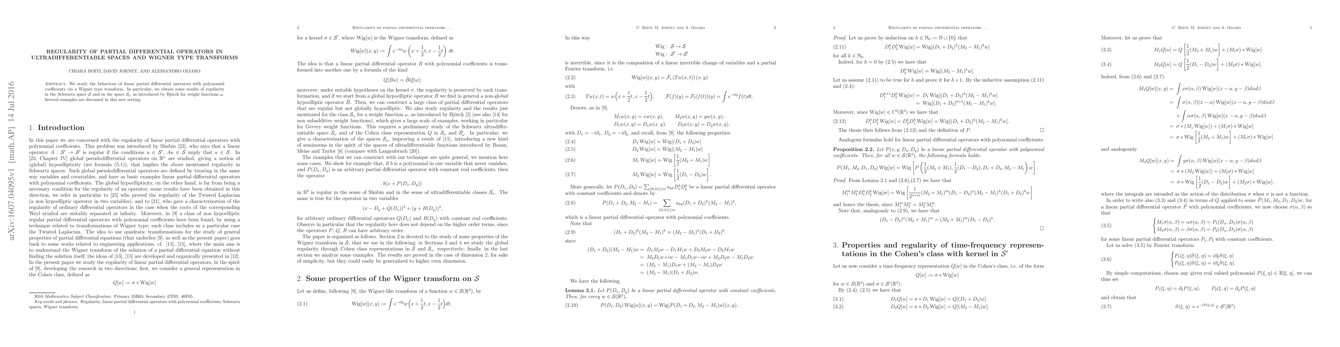 Thumbnail for Regularity of partial differential operators in ultradifferentiable
  spaces and Wigner type transforms