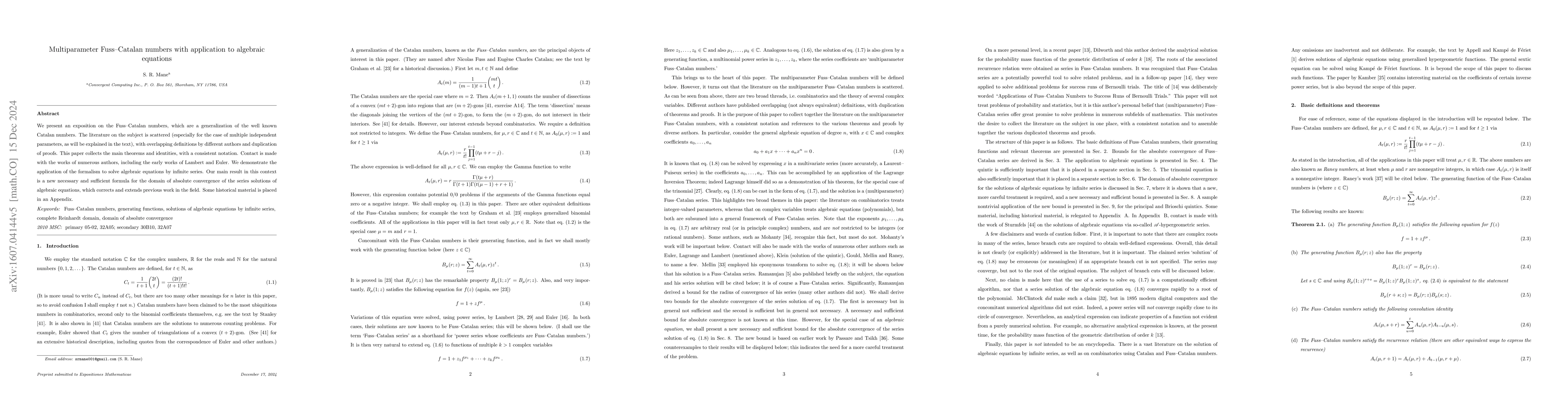 Thumbnail for Multiparameter Fuss--Catalan numbers with application to algebraic
  equations