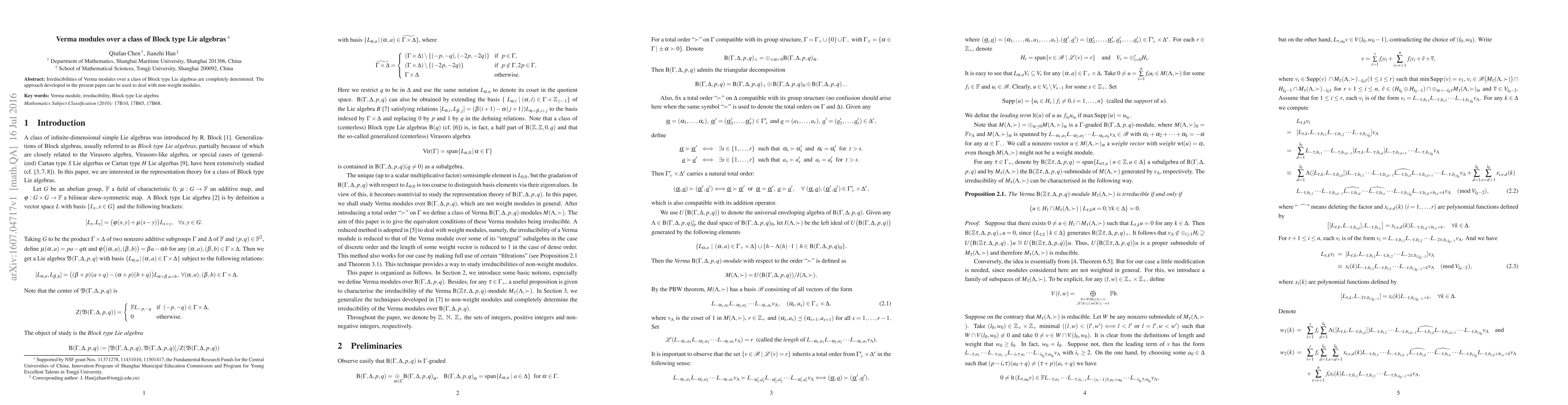 Thumbnail for Verma modules over a class of Block type Lie algebras