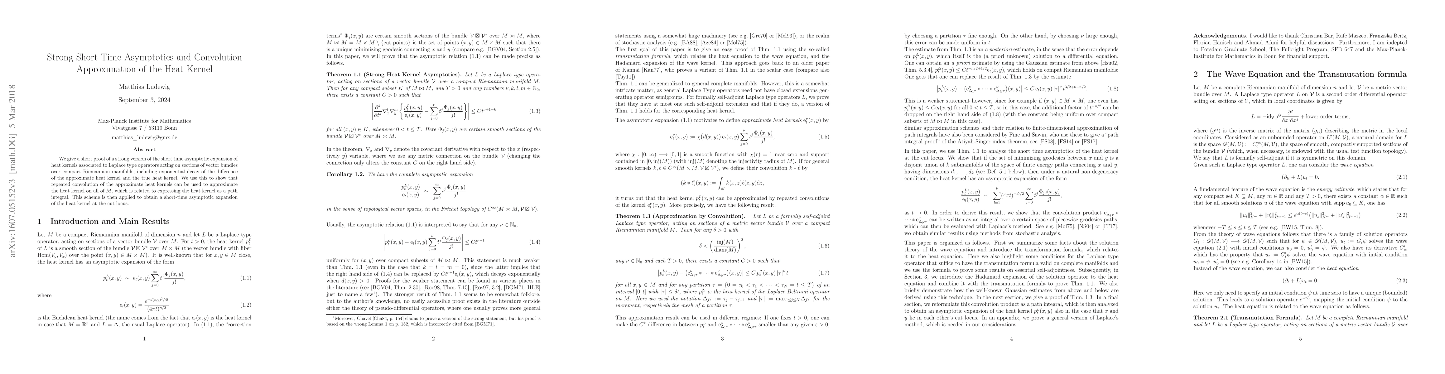 Thumbnail for Strong Short Time Asymptotics and Convolution Approximation of the Heat
  Kernel