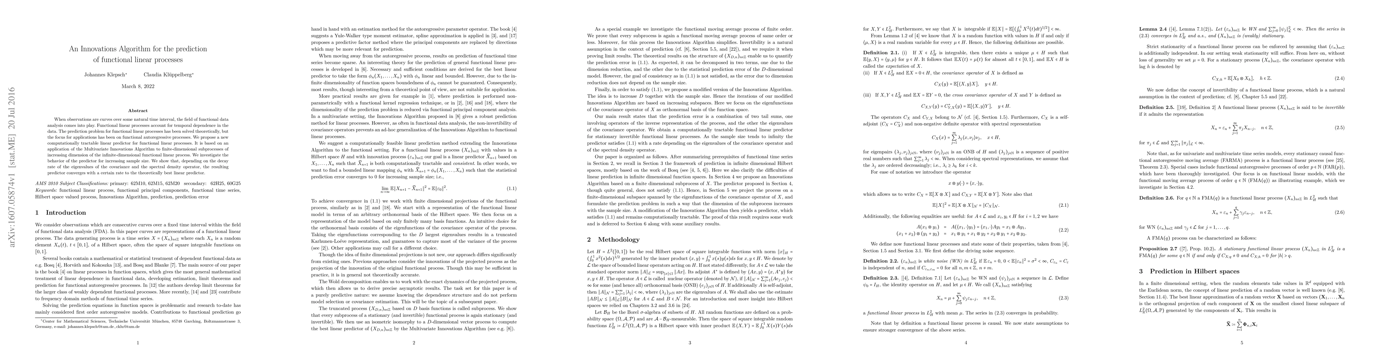 Thumbnail for An Innovations Algorithm for the prediction of functional linear
  processes