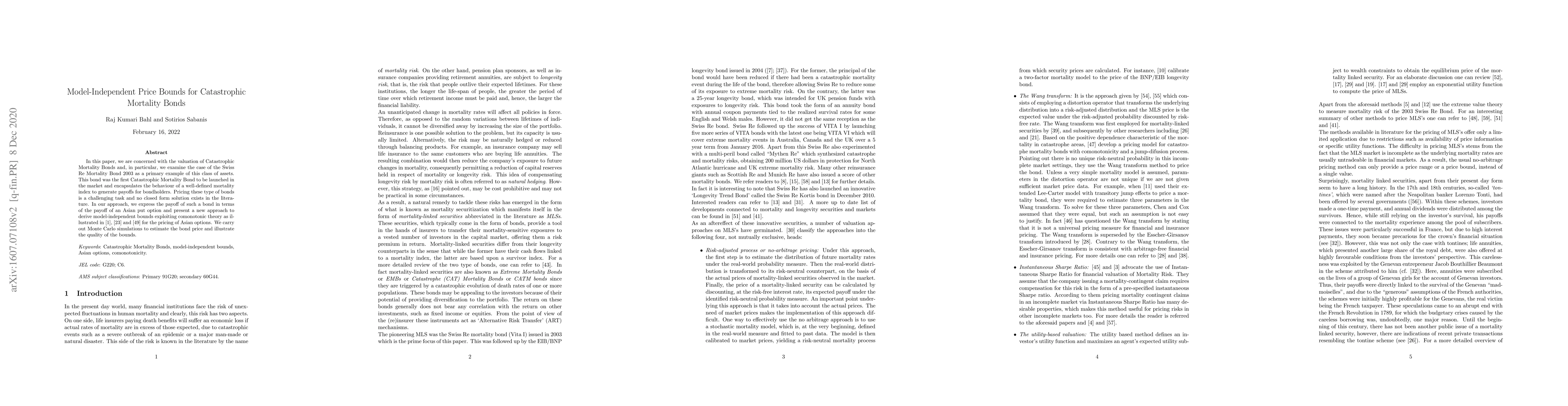 Thumbnail for Model-Independent Price Bounds for Catastrophic Mortality Bonds