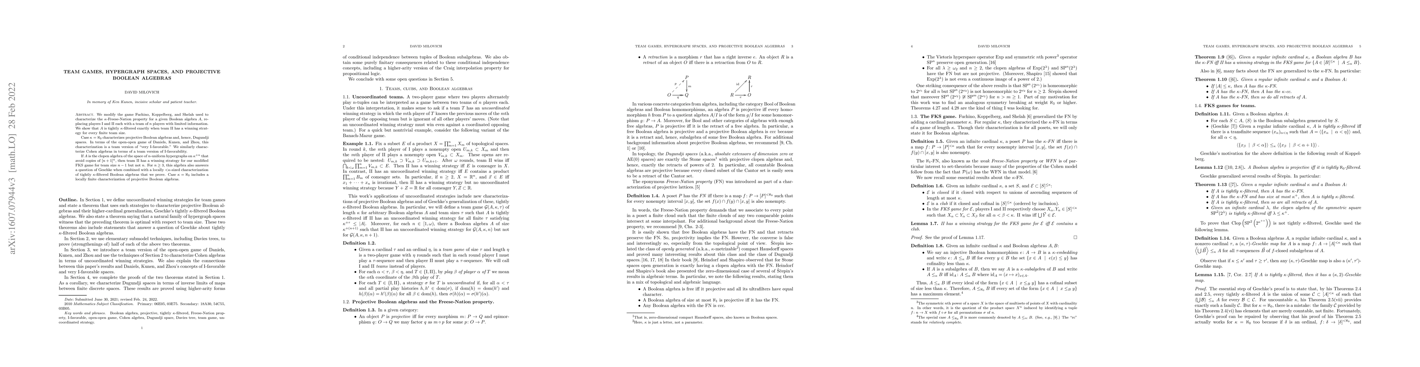 Thumbnail for Team games, hypergraph spaces, and projective Boolean algebras