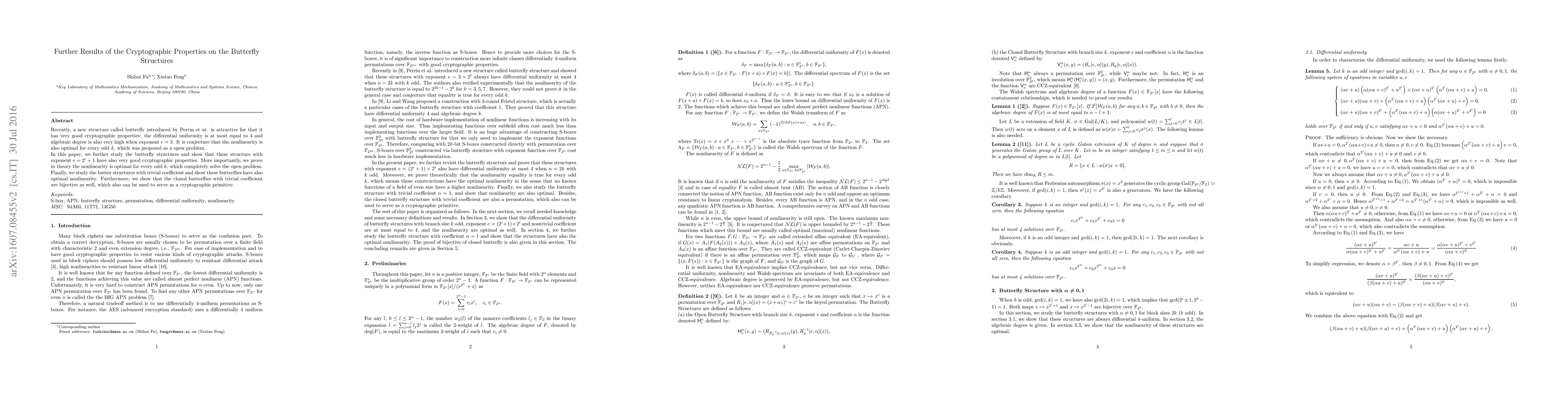 Thumbnail for Further Results of the Cryptographic Properties on the Butterfly
  Structures