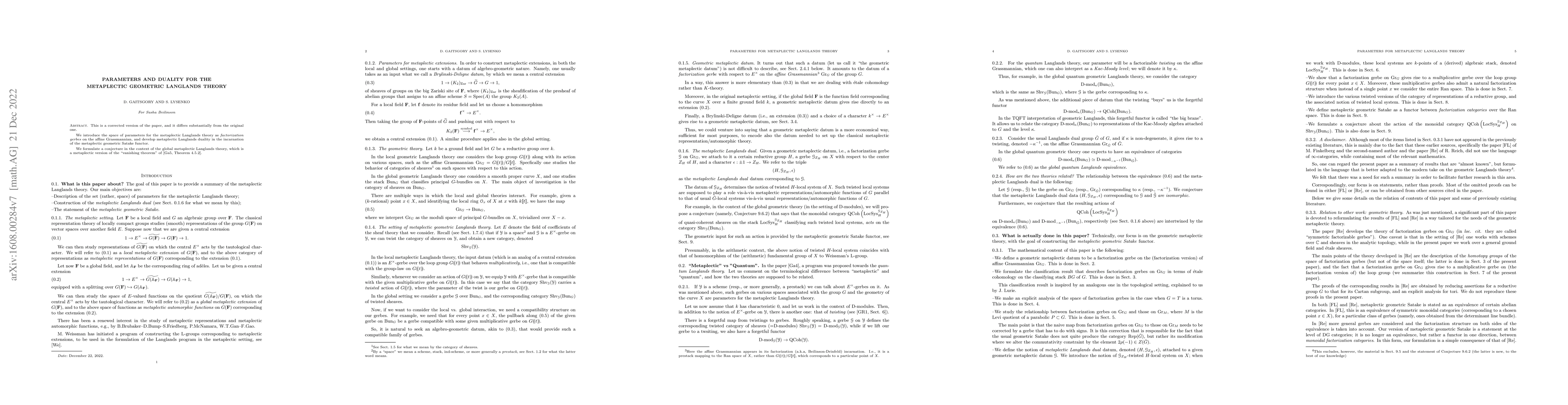 Thumbnail for Parameters and duality for the metaplectic geometric Langlands theory