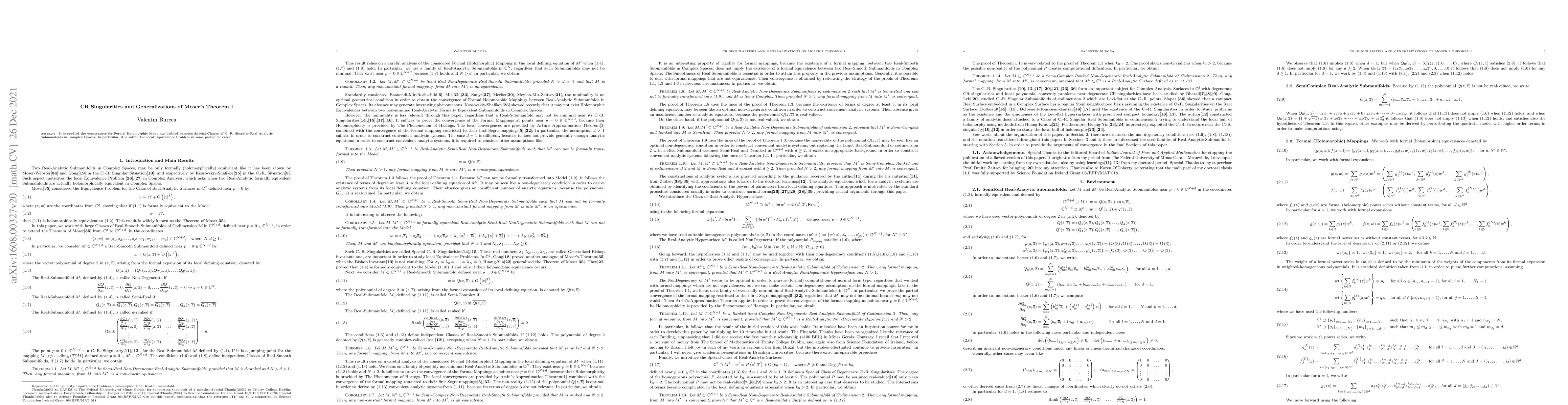 Thumbnail for CR Singularities and Generalizations of Moser's Theorem I