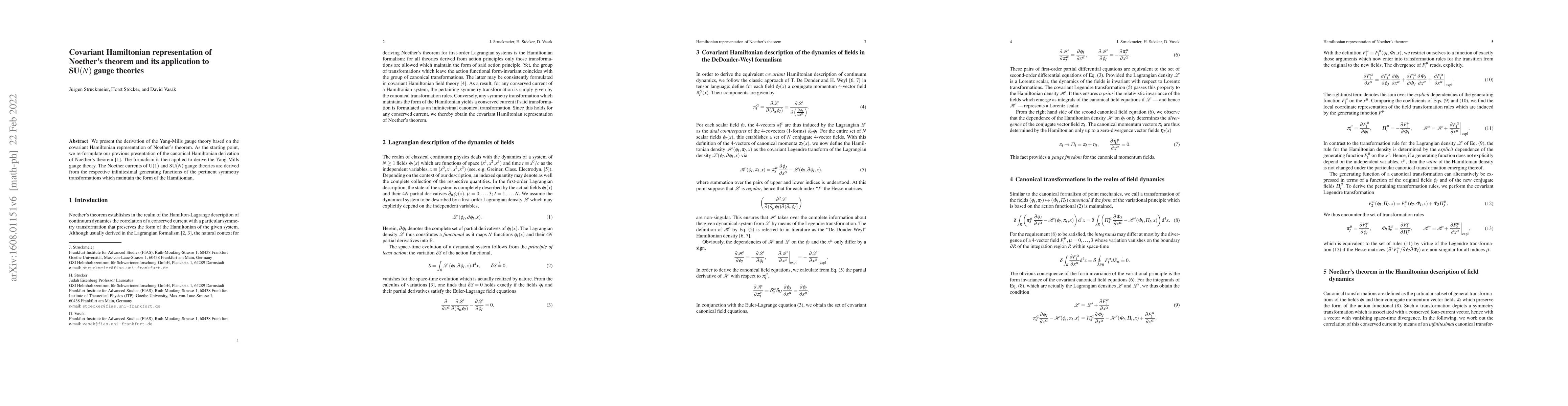Thumbnail for Covariant Hamiltonian representation of Noether's theorem and its
  application to SU(N) gauge theories