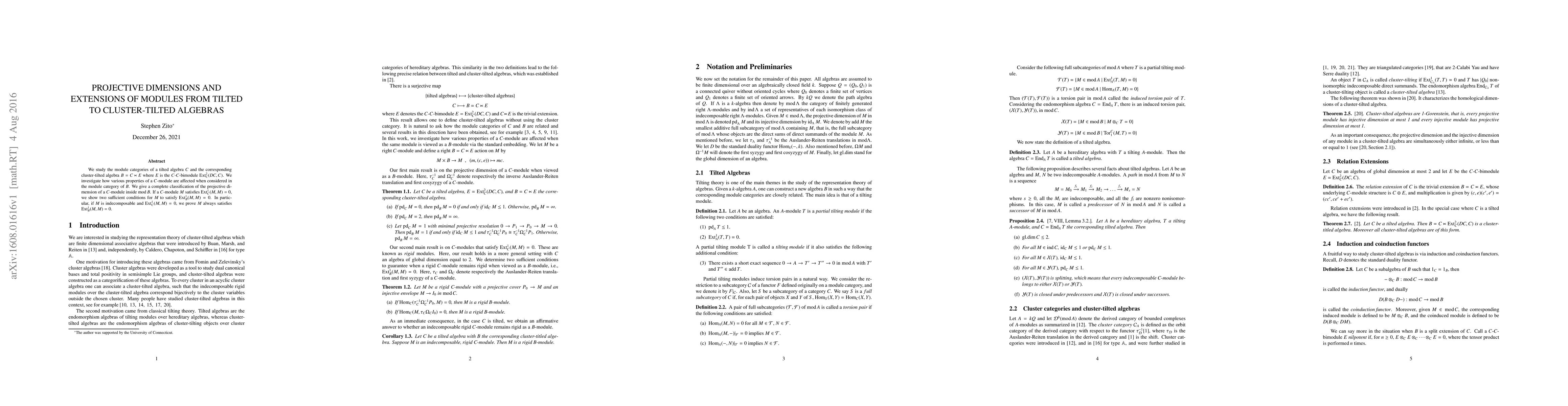 Thumbnail for Projective Dimensions and Extensions of Modules from Titled to
  Cluster-Tilted Algebras