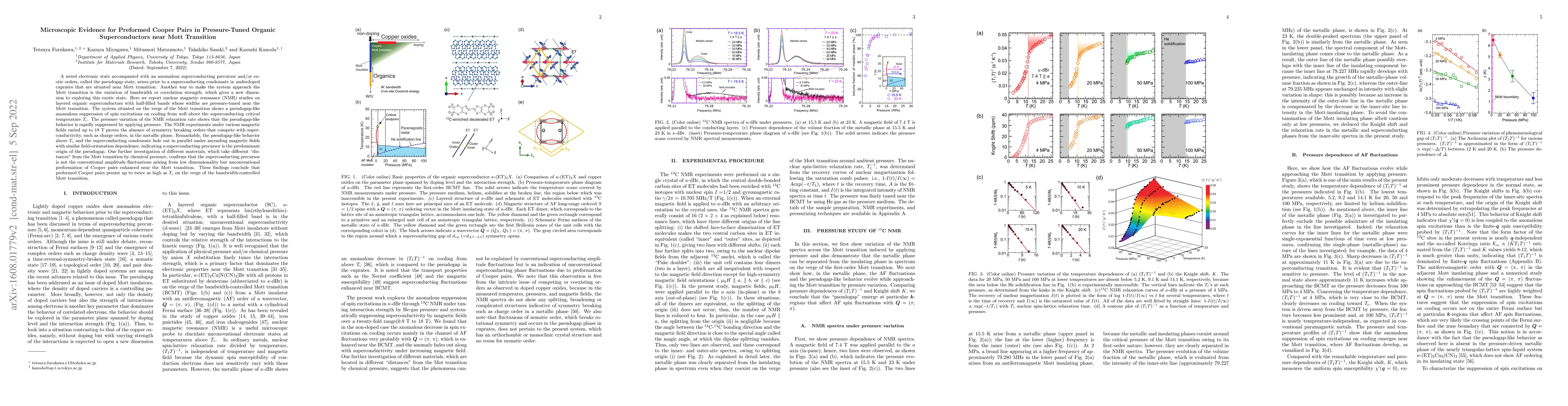 Thumbnail for Microscopic Evidence for Preformed Cooper Pairs in Pressure-Tuned
  Organic Superconductors near Mott Transition