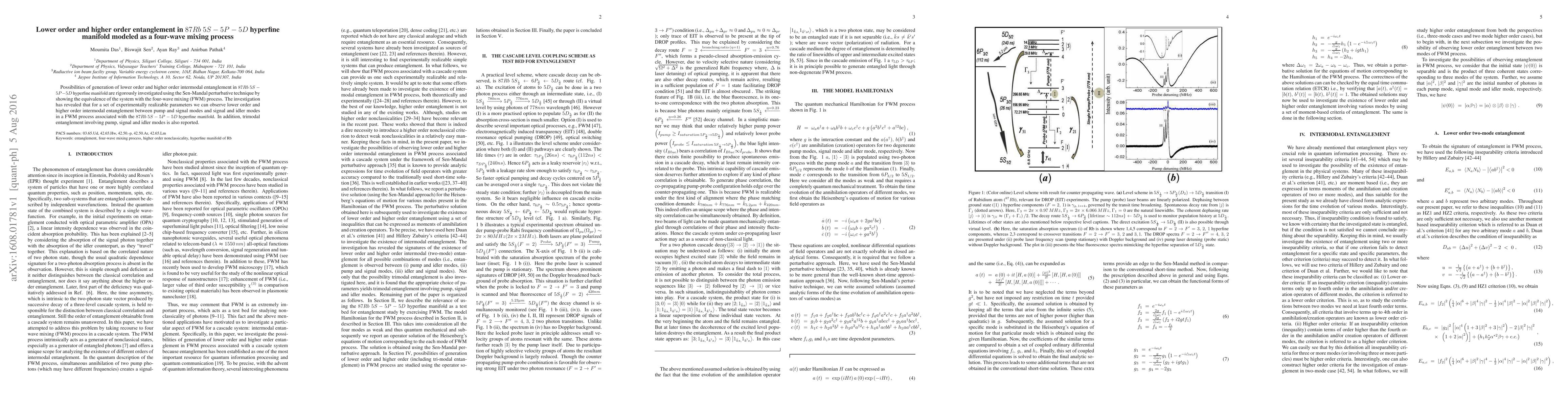 Thumbnail for Lower order and higher order entanglement in $87Rb$ $5S-5P-5D$ hyperfine
  manifold modeled as a four-wave mixing process