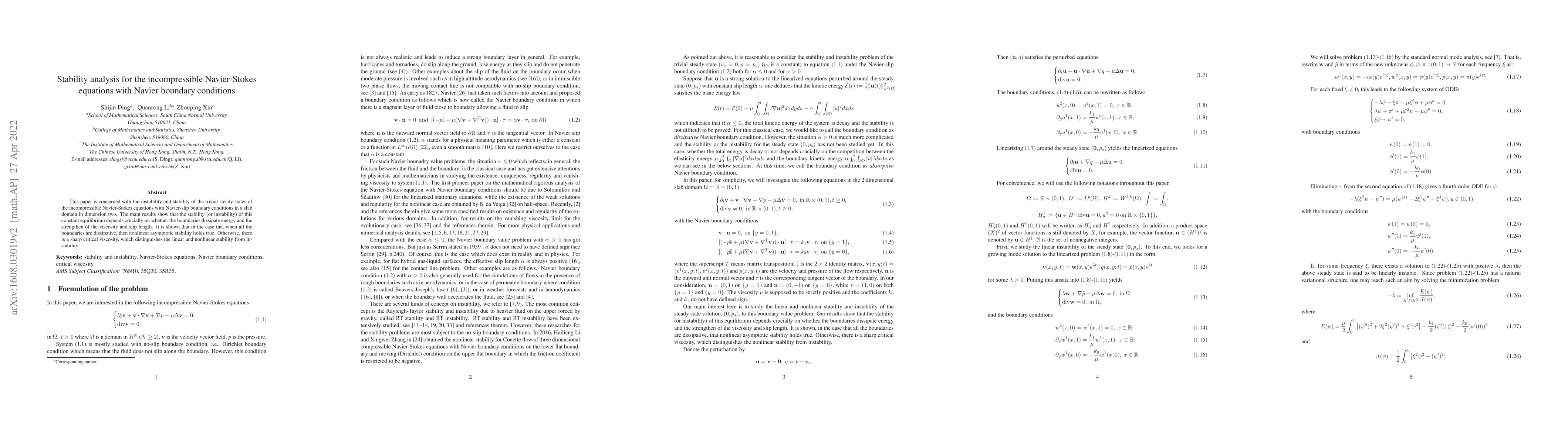Thumbnail for Stability analysis for the incompressible Navier-Stokes equations with
  Navier boundary conditions