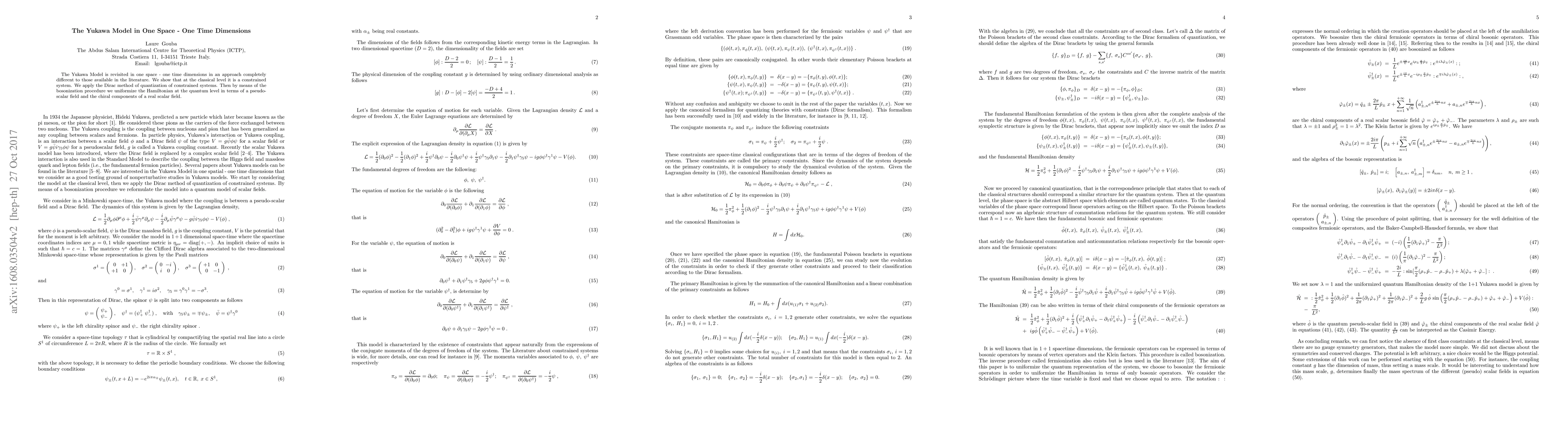 Thumbnail for The Yukawa Model in One Space - One Time Dimensions