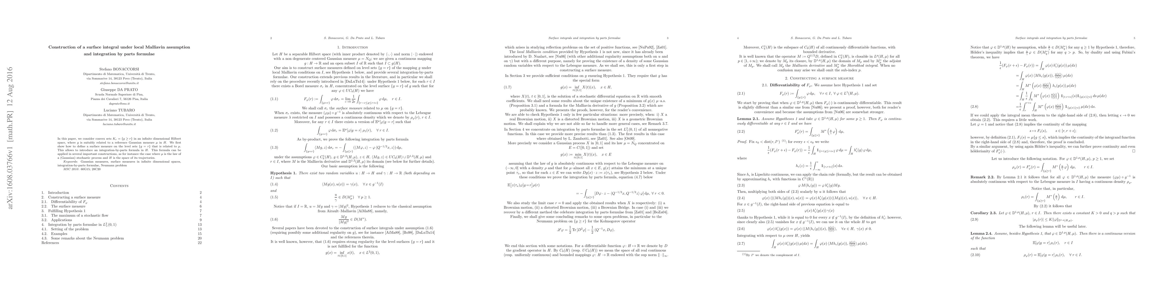 Thumbnail for Construction of a surface integral under local Malliavin assumption and
  integration by parts formulae