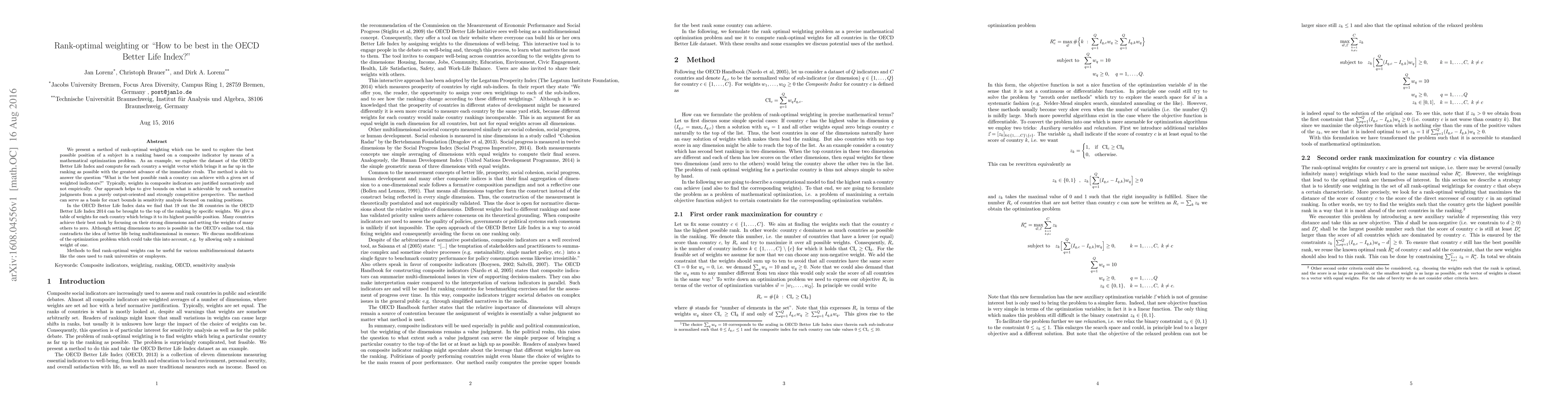 Thumbnail for Rank-optimal weighting or "How to be best in the OECD Better Life
  Index?"