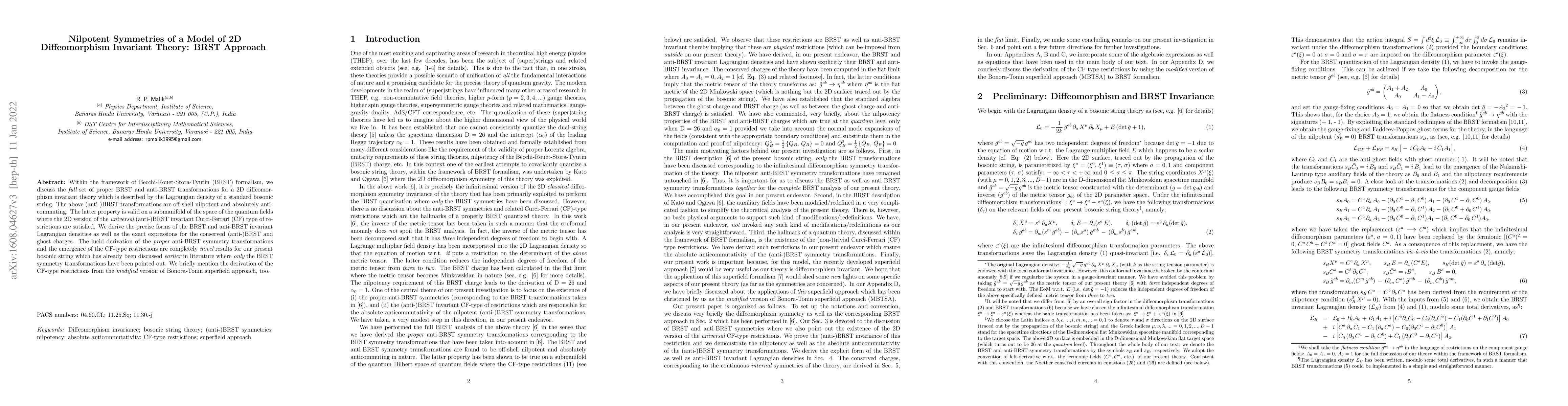 Thumbnail for Nilpotent Symmetries of a Model of 2D Diffeomorphism Invariant Theory:
  BRST Approach