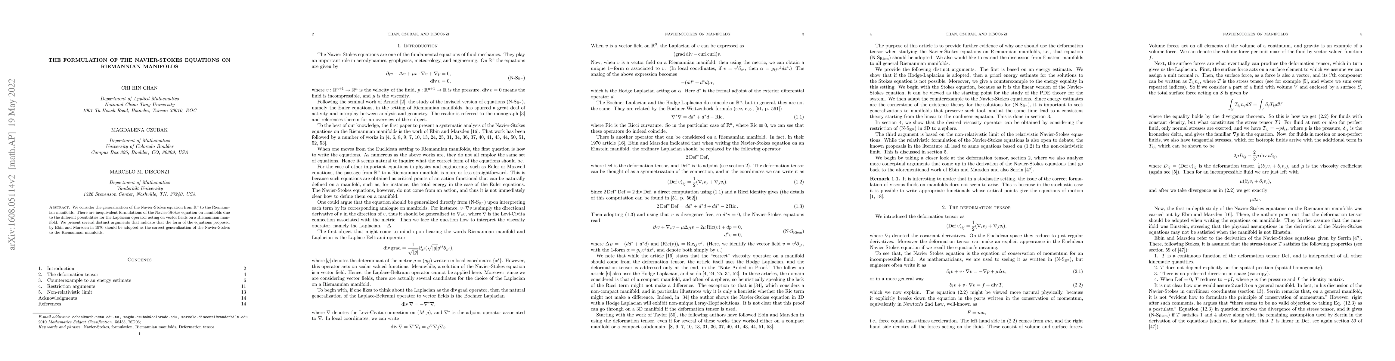 Thumbnail for The formulation of the Navier-Stokes equations on Riemannian manifolds