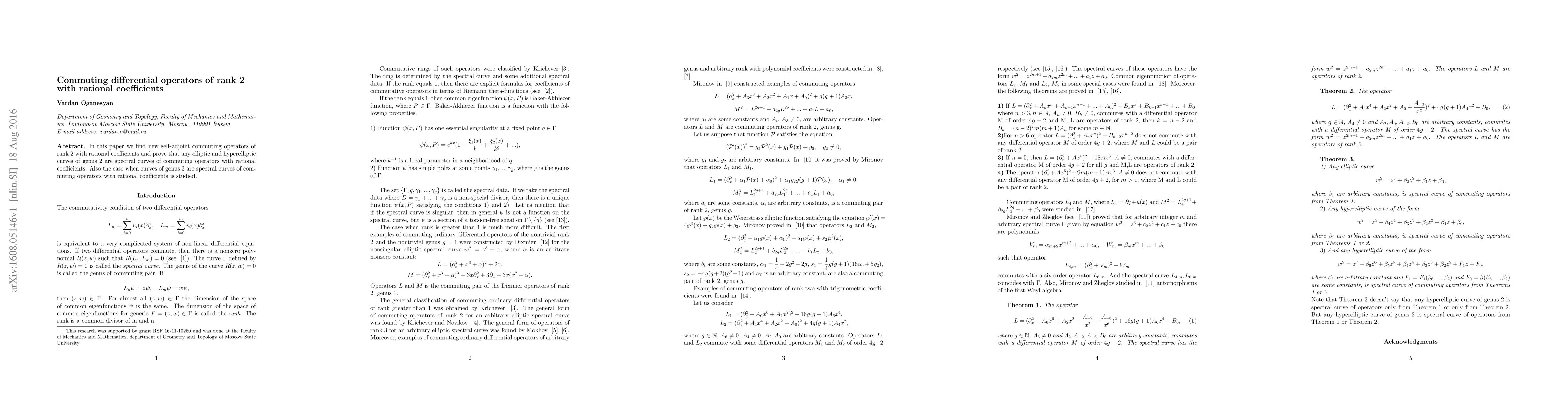 Thumbnail for Commuting differential operators of rank 2 with rational coefficients
