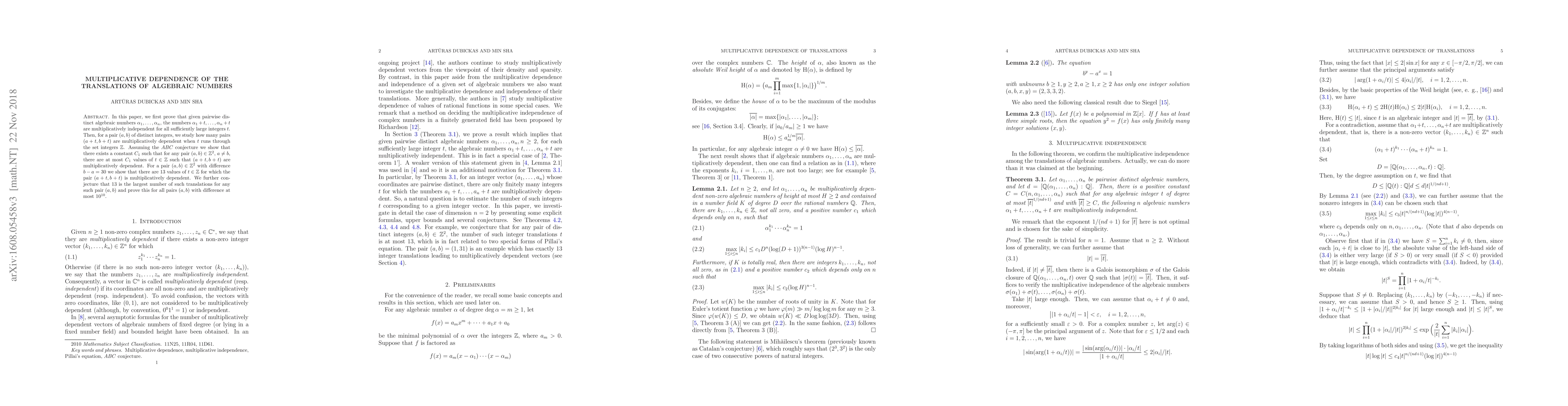 Thumbnail for Multiplicative dependence of the translations of algebraic numbers