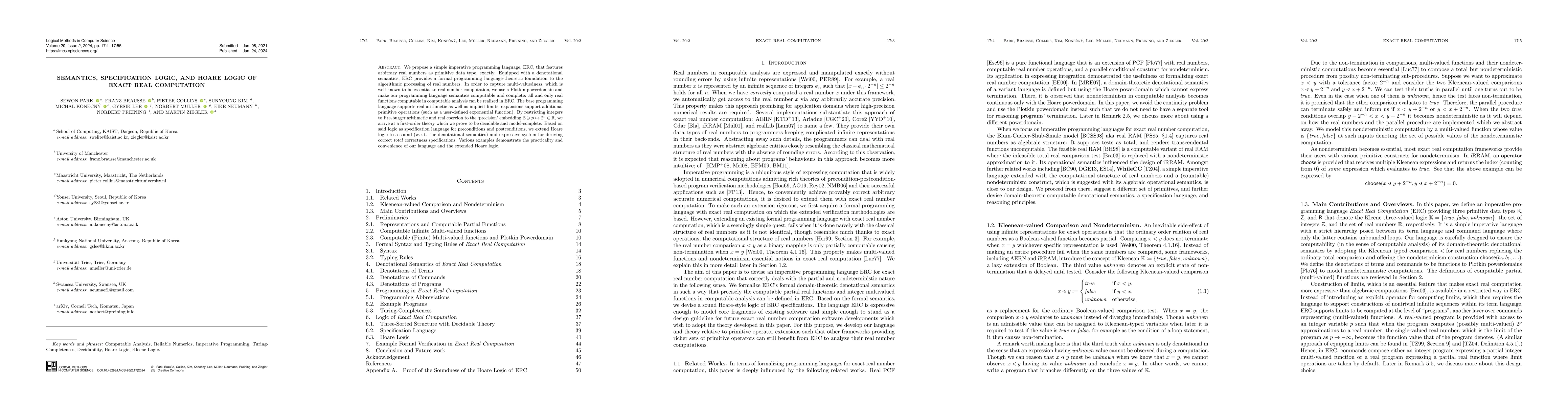 Thumbnail for Semantics, Specification Logic, and Hoare Logic of Exact Real
  Computation