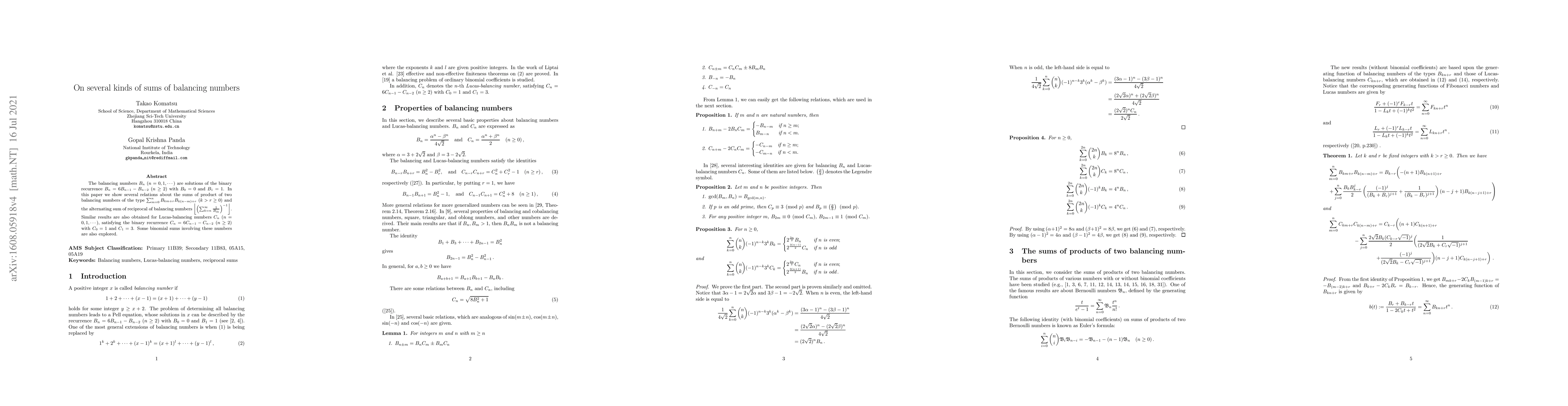 Thumbnail for On several kinds of sums of balancing numbers